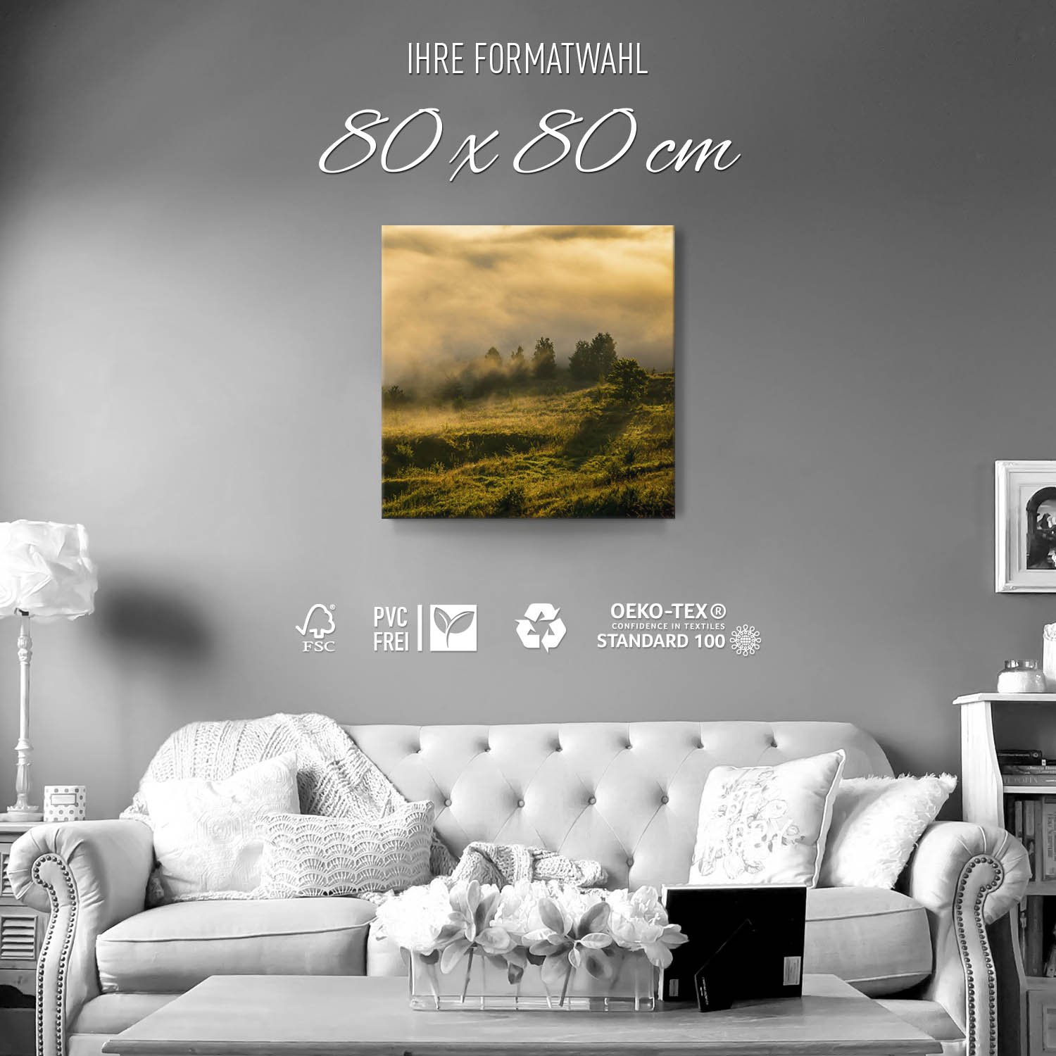 Wald Wiese Nebel am Morgen als Leinwand Bild 80x80cm