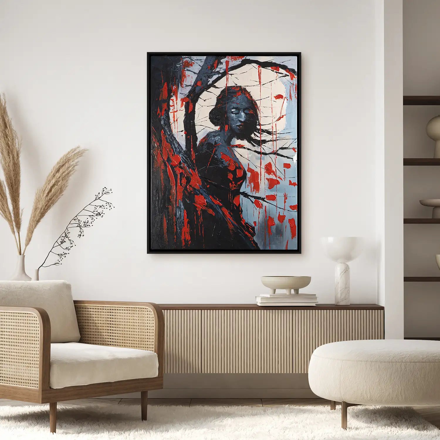 Wandbild 60x80 cm im Schattenfugenrahmen Schwarz in Rot und Schwarz – Abstrakte Verschmelzung von Baum, Frau und Mond in einer gothicartigen Nacht – „Schwarze Phytomorphe“