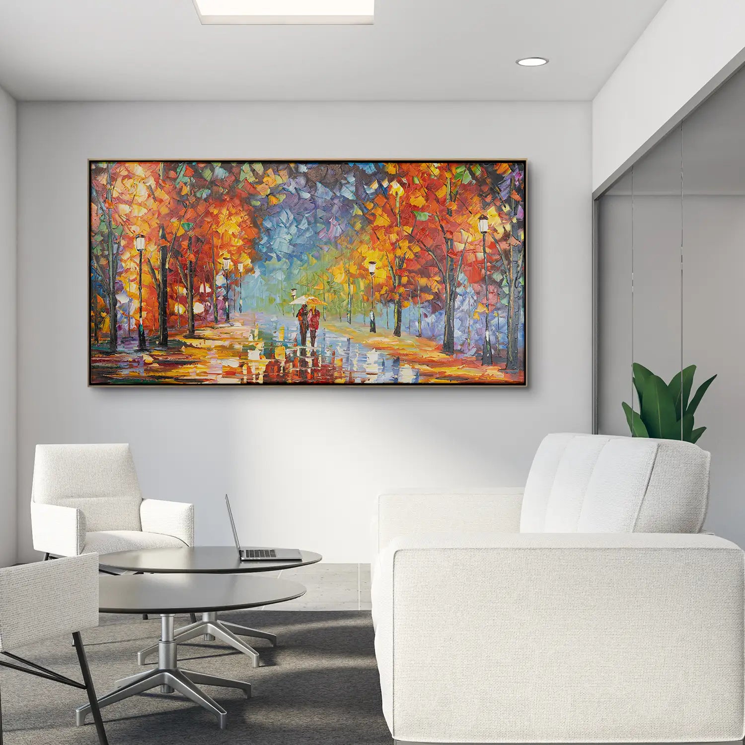 Wandbild 100x50 cm im Rahmen Eiche hell – Abstrakte Nachtlandschaft mit urbanem Flair, handgemalt in Acryl und Strukturpaste, ein Pärchen auf leuchtendem Weg – „Der Weg des Lichts“