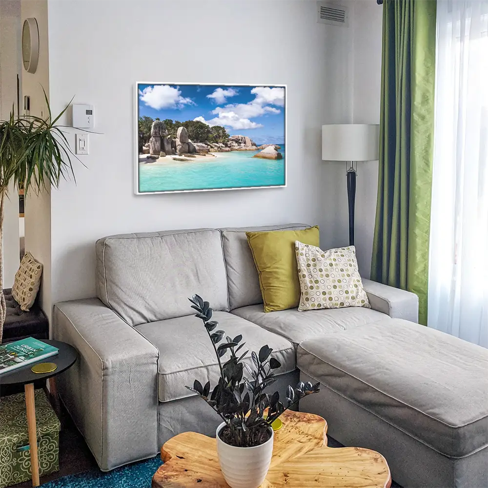 Strand & Meer Seychellen Insel im weißen Bilderrahmen, 150x50cm
