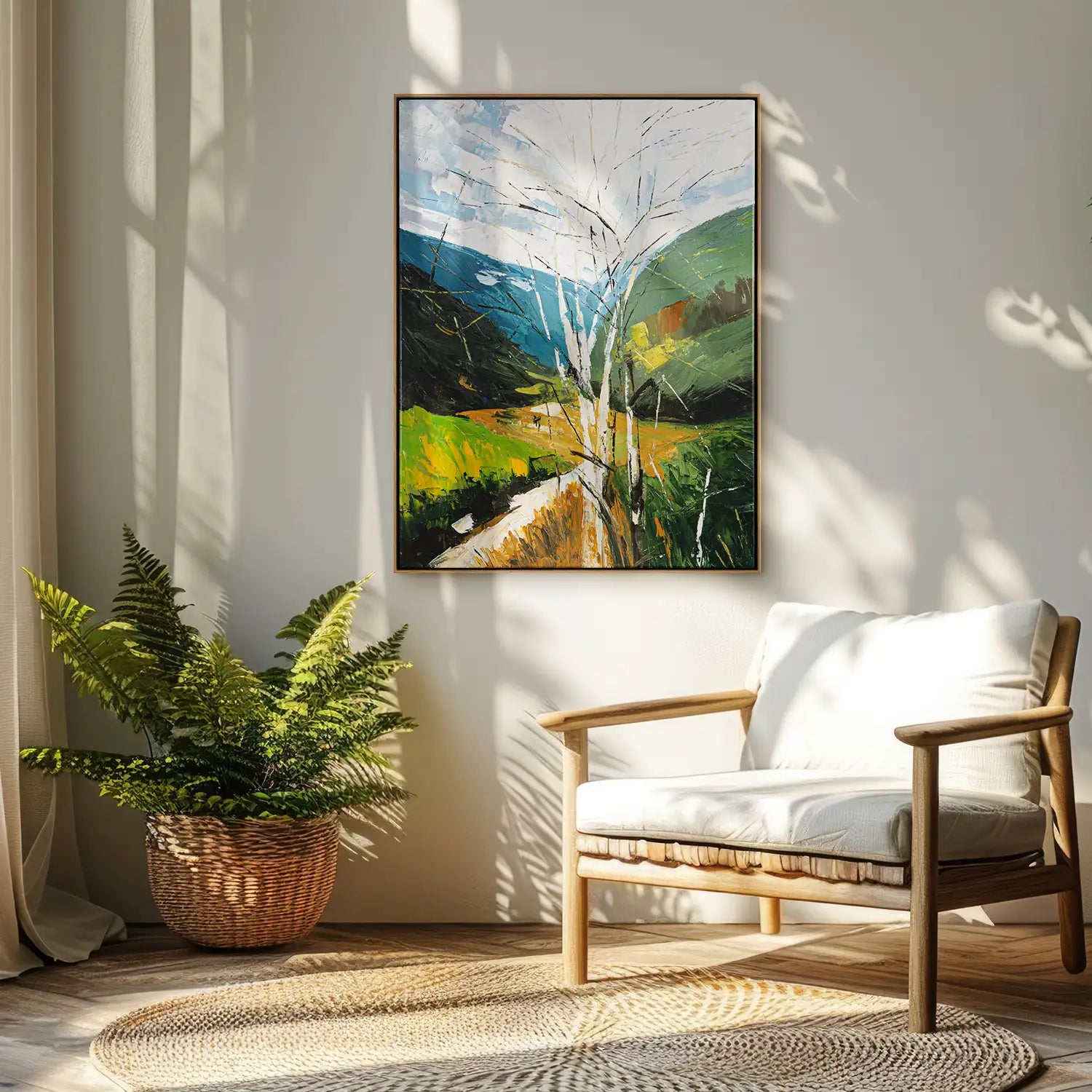 Wandbild echt handgemalt 90x120 cm im Rahmen Eiche hell – lebendige Frühlingslandschaft mit Birke, modern und kraftvoll – „Frühlingserwachen“