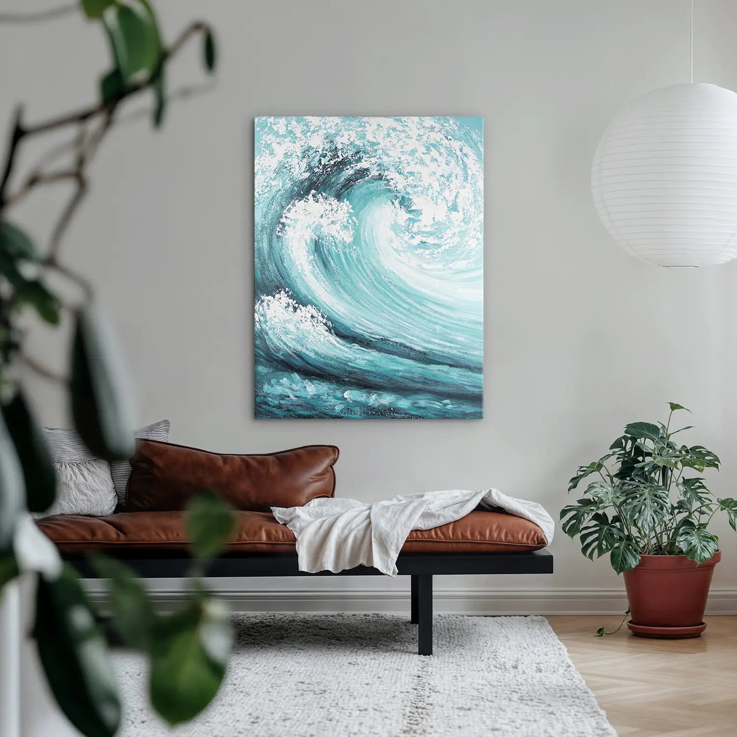 Handgemaltes Gemälde 90x120 cm ohne Rahmen – dynamische Explosion in Türkis und Weiß, ein abstrakter Ausdruck der Unendlichkeit – „Das unendliche Spiel“