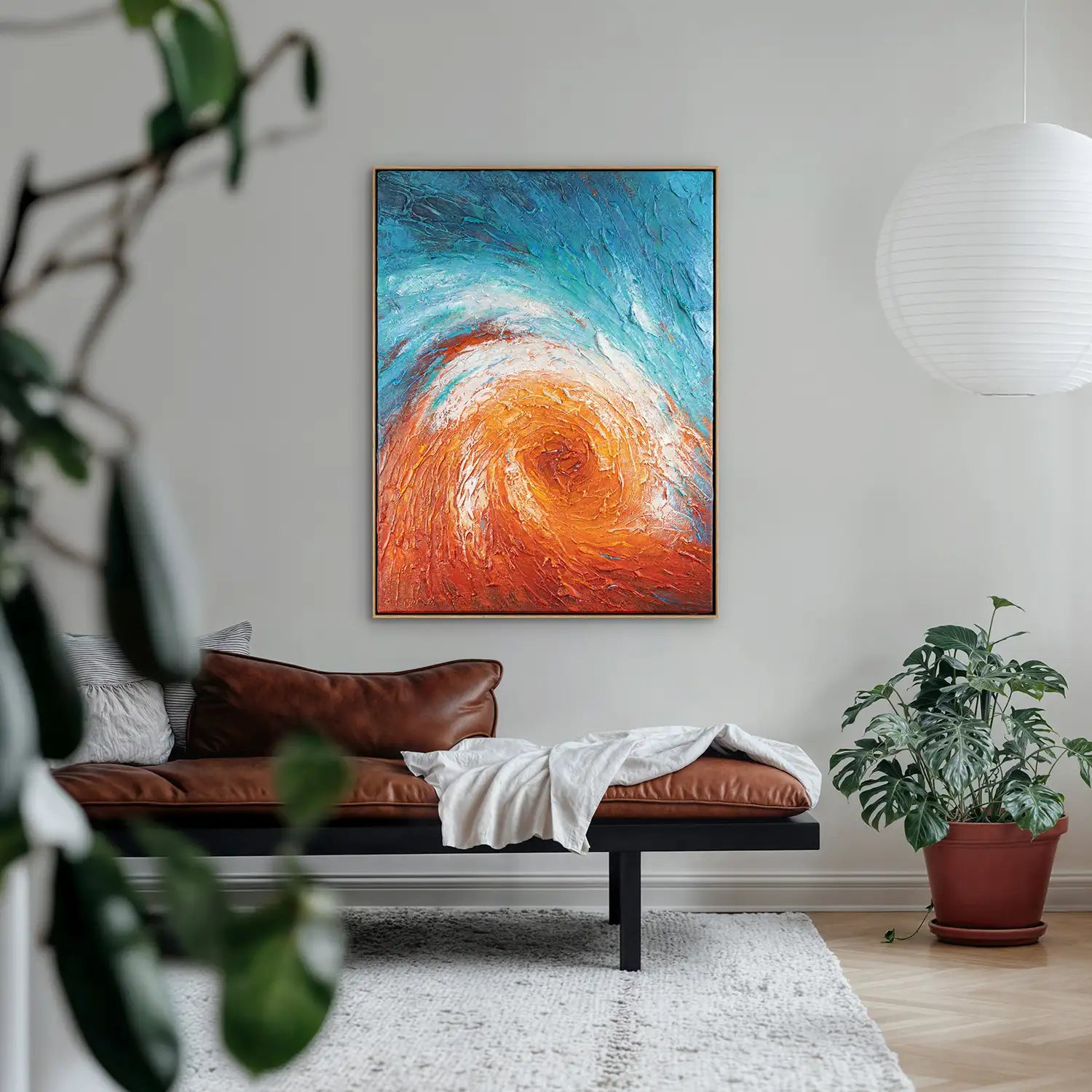 Gemälde handgemalt 90x120 cm im Rahmen Eiche hell, lebendiger Strudel in Rot und Blau – „Im Wirbel der Zeit“