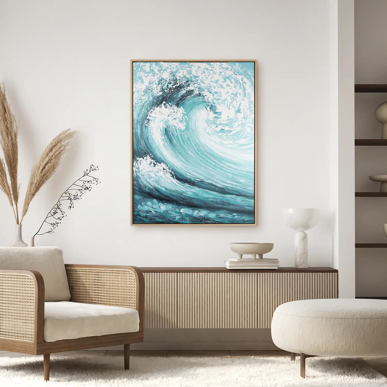Wandbild echt handgemalt 150x200 cm im Rahmen Eiche hell, dynamische Explosion in Blau und Weiß – „Das unendliche Spiel“