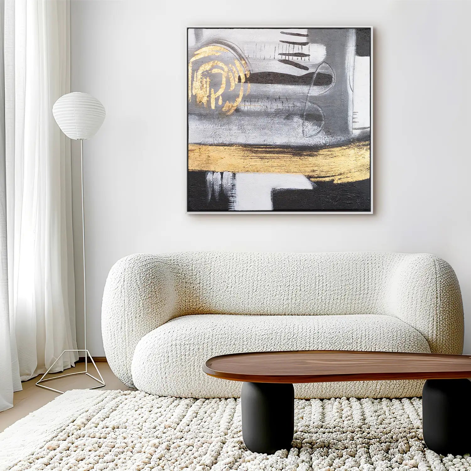 Wandbild echt handgemalt 80x80 cm im Schattenfugenrahmen Weiß, moderne Abstraktion in Gold und Grau – „Goldenes Jetzt“