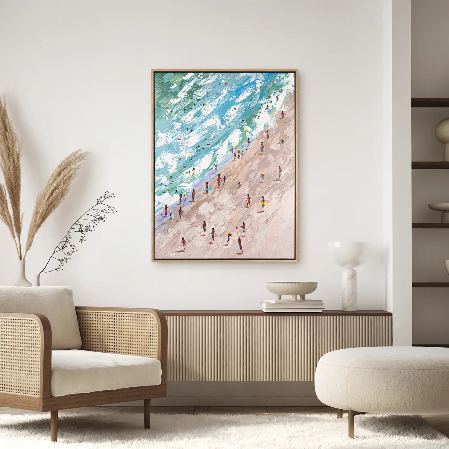 Leinwandbild 90x120 cm im Rahmen Eiche hell, handgemalt mit Acrylfarbe und Strukturpaste, in sanften Erdtönen und Meeres-Blau – „Rätsel der Existenz“ – Raetsel der Existenz