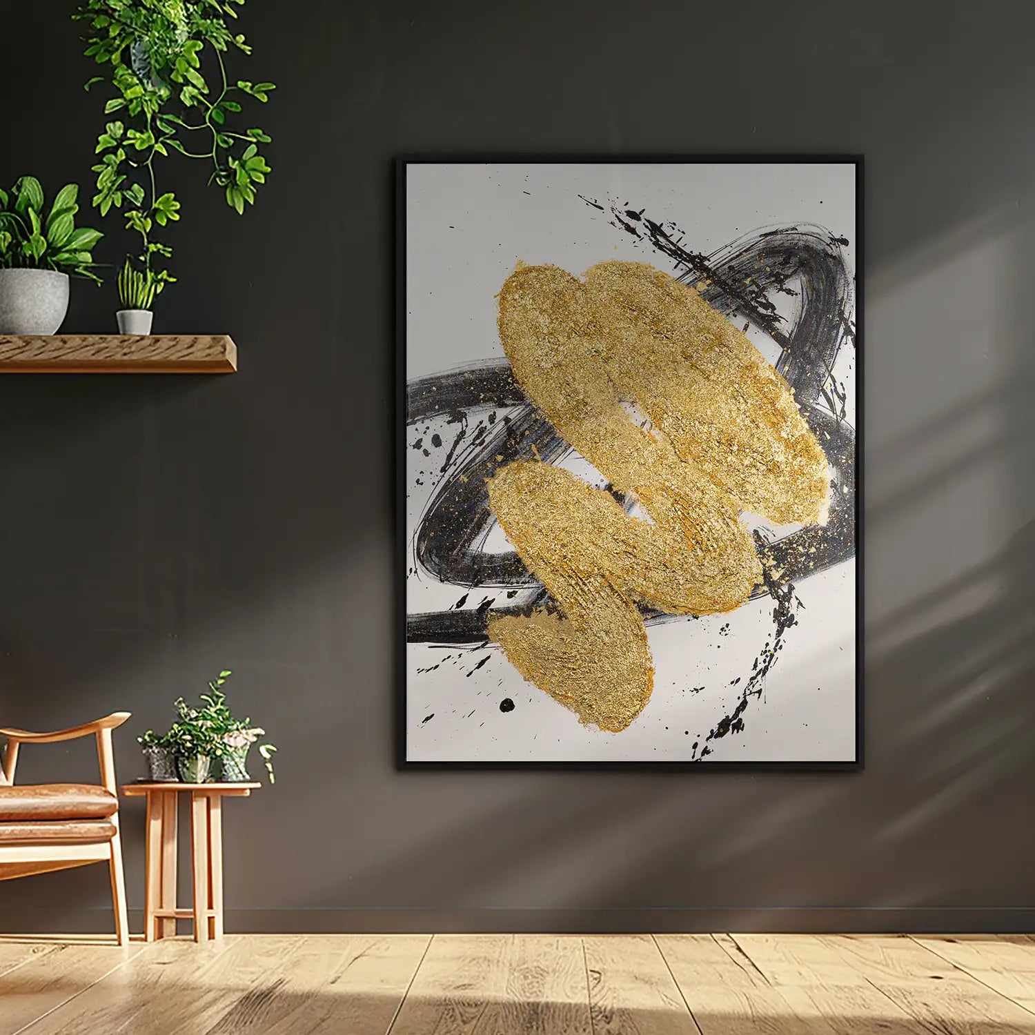 Gemälde 90x120 cm im Schattenfugenrahmen Schwarz, handgemalt mit Acrylfarbe und Strukturpaste – ein abstraktes Spiel von Licht und Dunkelheit in Gold und Weiß – „Harmonie des Unbekannten“
