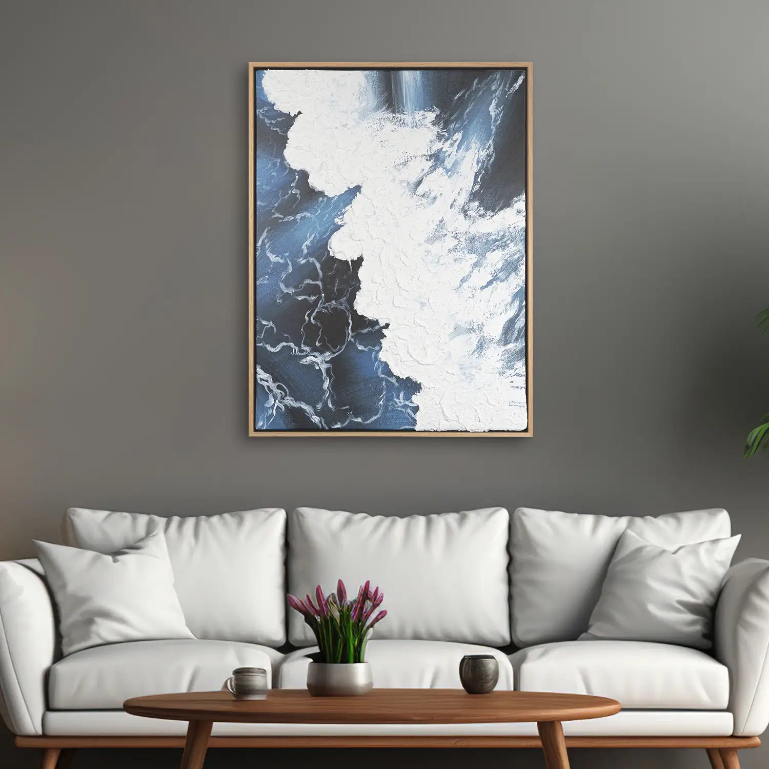 Leinwandbild 120x160 cm im Rahmen Eiche hell, dynamische Wellen in kraftvollem Blau und Weiß – „Wellen des Seins“