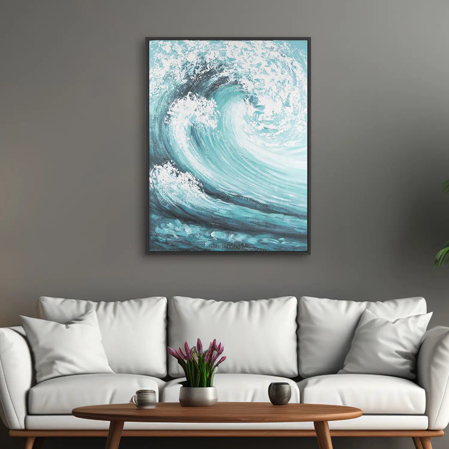 handgemaltes Gemälde 75x100 cm im Schattenfugenrahmen Schwarz, dynamische Explosion in Türkis und Weiß – „Das unendliche Spiel“