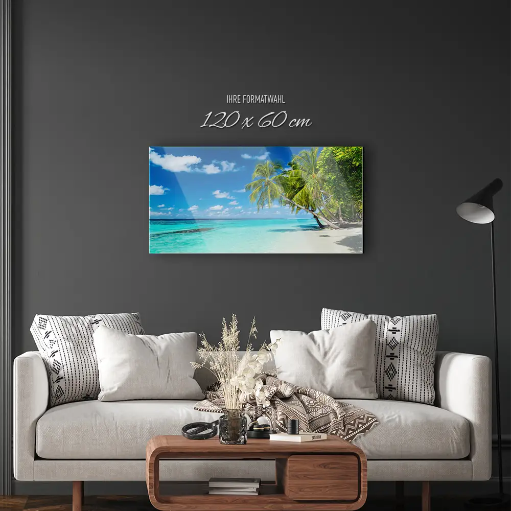 Strand & Meer Sandstrand mit Palmen als Acrylglas Bild 120x60cm