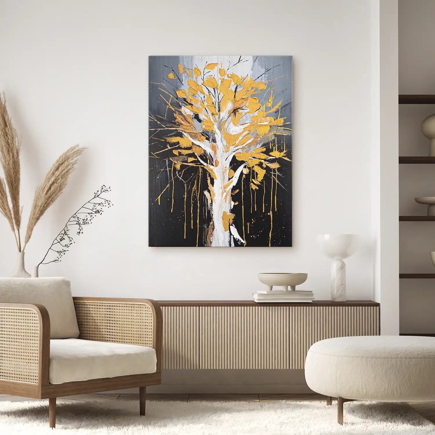 handgemaltes Gemälde 60x80 cm ohne Rahmen, moderne Abstraktion in Weiß und Schwarz, Baumkrone mit goldenen Blättern – „Golden Leaves“