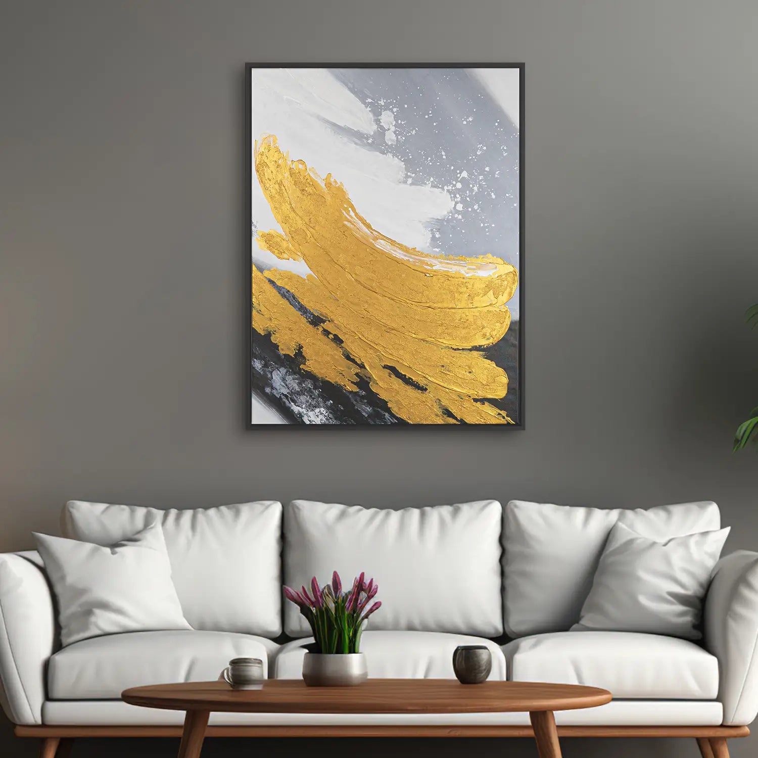 Wandbild 60x80 cm im Schattenfugenrahmen Schwarz, handgemalt mit Strukturpaste und Acrylfarbe, abstrakte Komposition in Gold, Weiß, Schwarz und Grau – „Goldene Reflexionen“