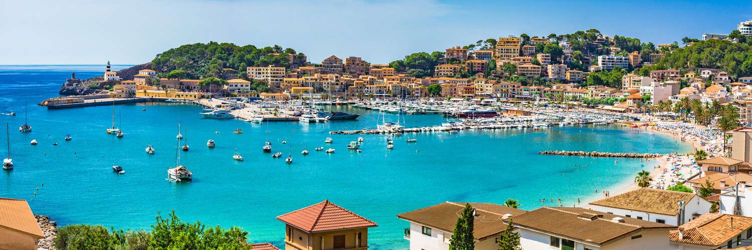 Strand & Meer Port de Soller, Mallorca im schwarzen Bilderrahmen, 150x50cm