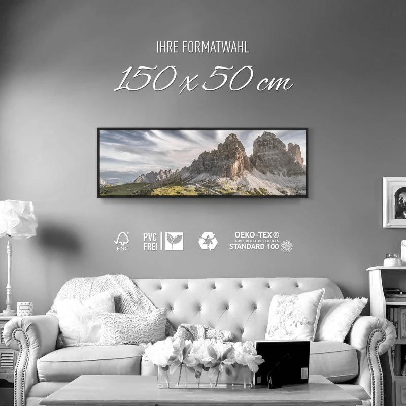 Berge & Gebirge 3 Zinnen Dolomiten im schwarzen Bilderrahmen, 150x50cm
