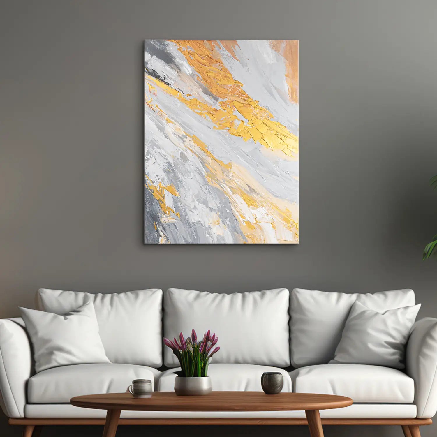 Leinwandbild handgemalt 60x80 cm ohne Rahmen, dynamische Explosion in sanften Weiß- und Grautönen mit goldenen Akzenten – „Atem der Erde“