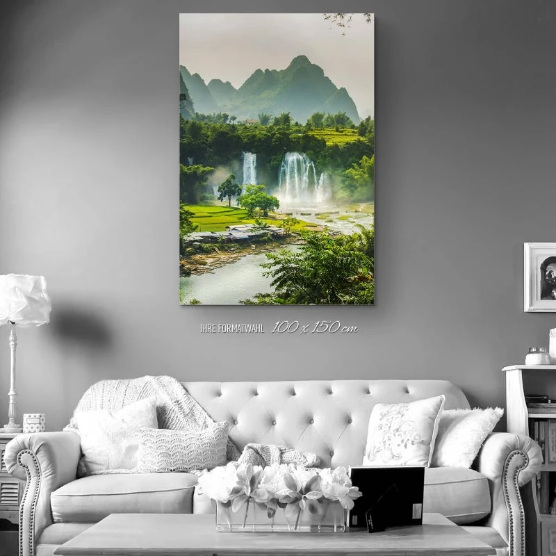 XXL Berge & Gebirge Alu-Dibond Bild im Hochformat 100x150cm, Motiv Ban Gioc Wasserfälle