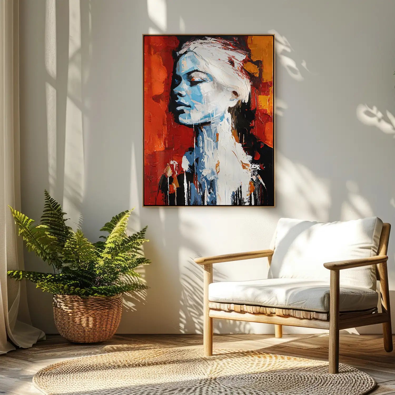 Gemälde 75x100 cm im Rahmen Eiche hell – kraftvolles abstraktes Frauenportrait in Rot, Weiß und Blau, handgemalt mit Acryl und Strukturpaste – „Atalante“