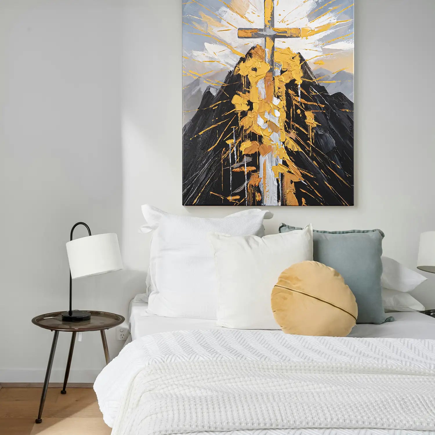 handgemaltes Gemälde 120x160 cm ohne Rahmen – ein Berg trägt das Kreuz der Erlösung in modernem, abstraktem Stil – „Berg der Vergebung“