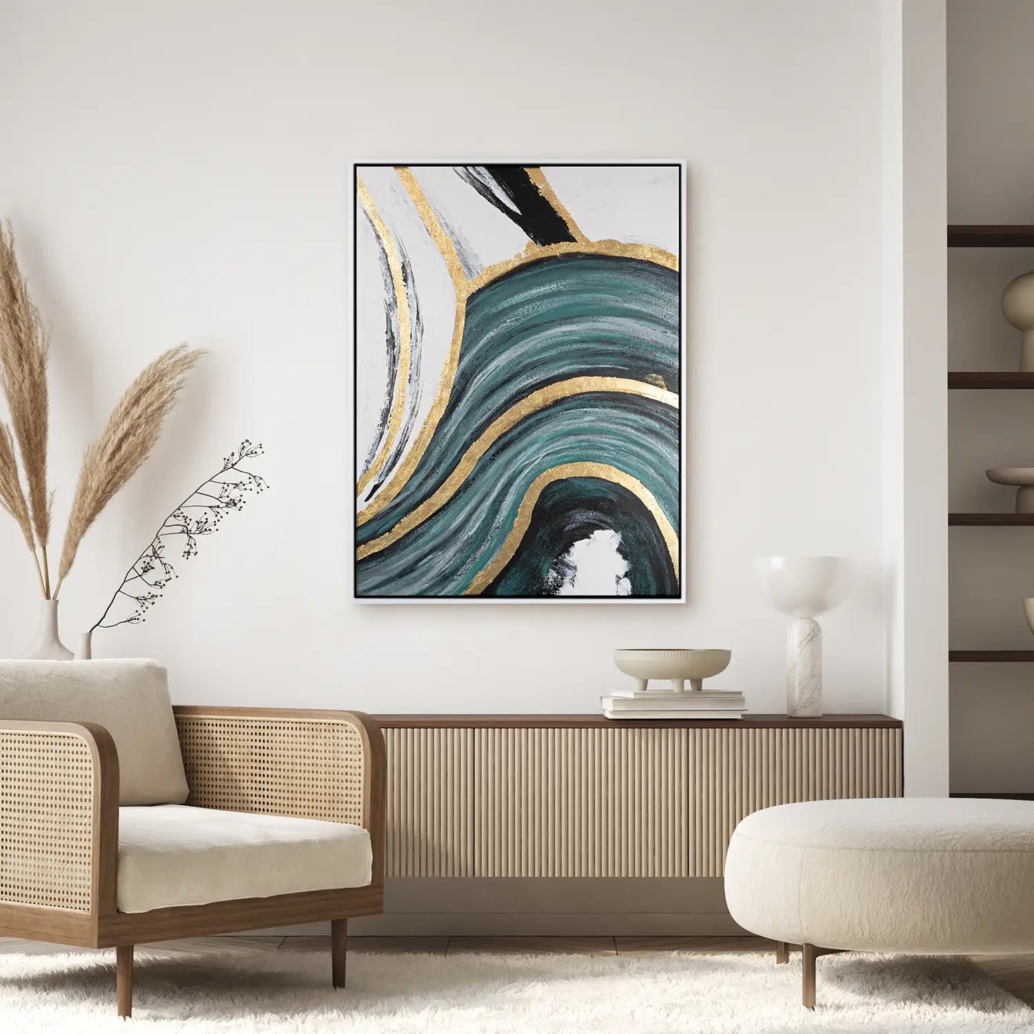 Leinwandbild 60x80 cm im Schattenfugenrahmen Weiß, handgemalt mit Acrylfarbe und Strukturpaste, abstrakte Licht- und Schattenwelten – „Schleier der Wahrheit“