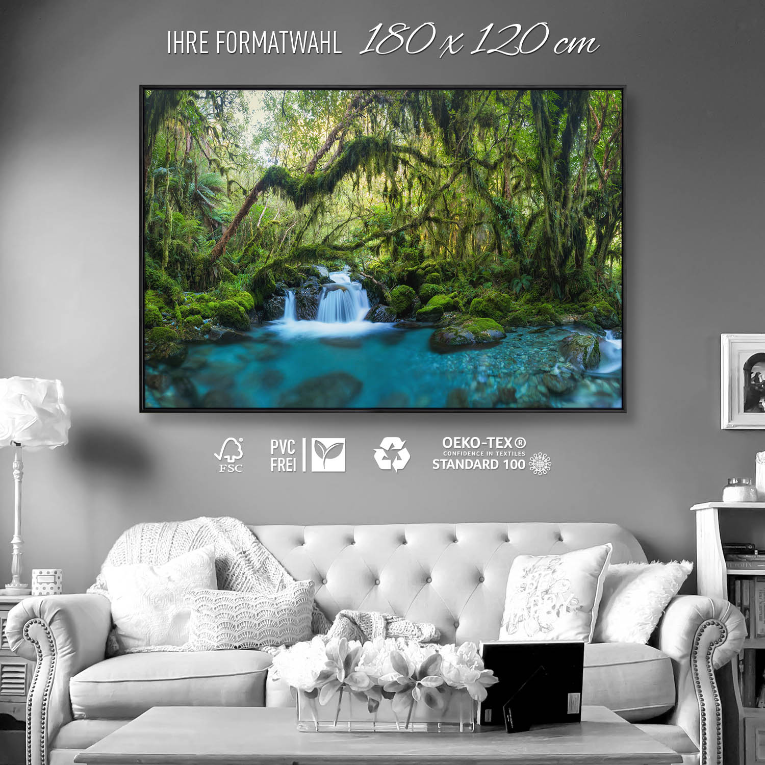 Dschungel idylischer Bachlauf im schwarzen Bilderrahmen, 180x120cm