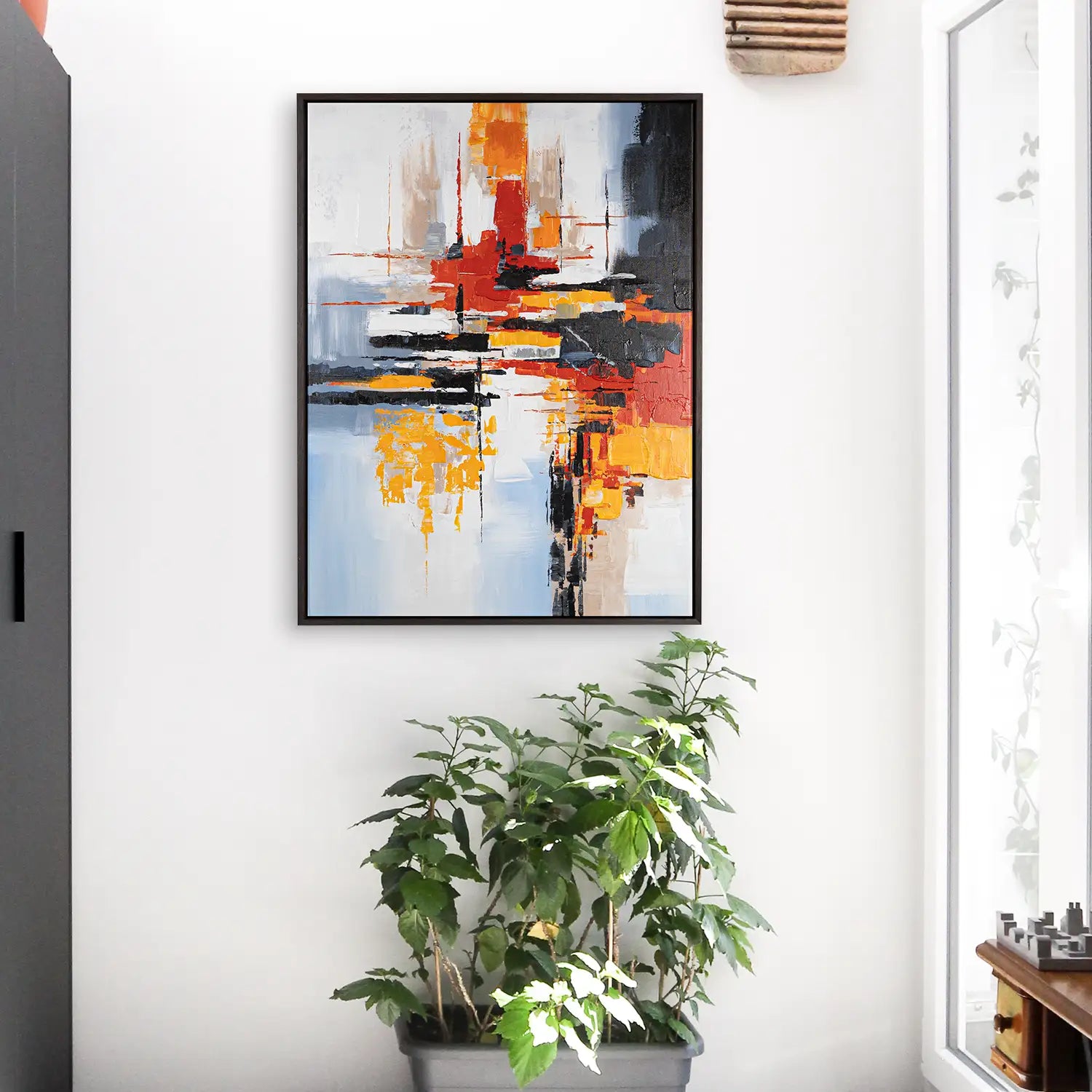 handgemaltes Gemälde 120x160 cm im Rahmen Eiche dunkel, kraftvolles Spiel aus Acryl und Strukturpaste, modern und abstrakt – „Fragilität des Augenblicks“ mit der Explosion der vergänglichen Schönheit