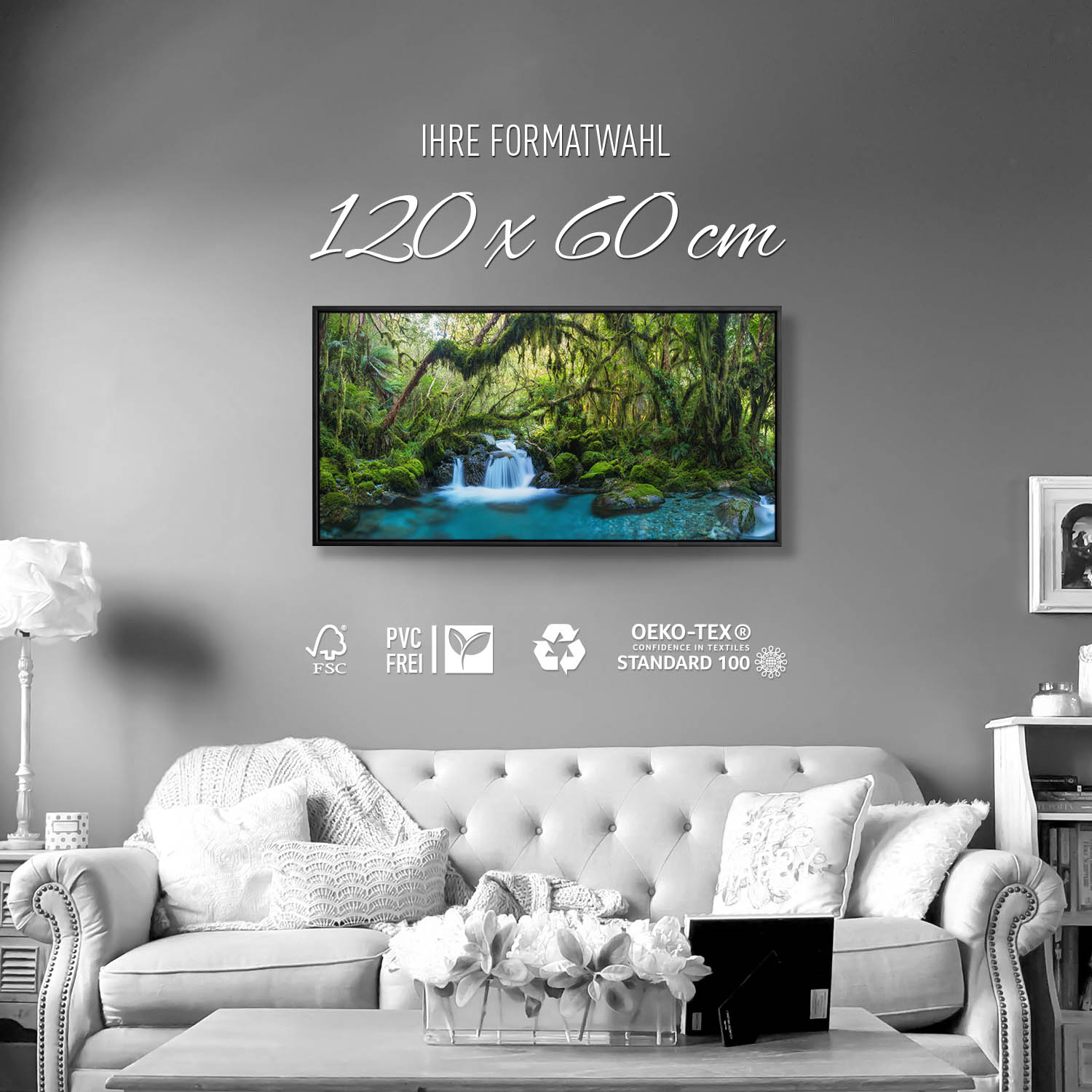 Dschungel idylischer Bachlauf im schwarzen Bilderrahmen, 120x60cm