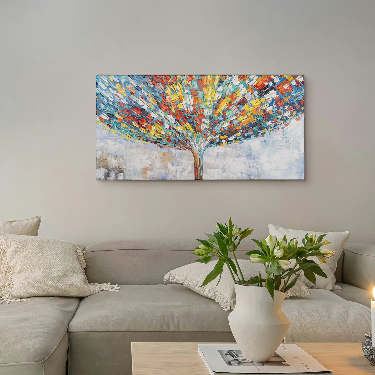 Gemälde 160x80 cm ohne Rahmen – harmonische Symphonie aus Farbe und Struktur, handgemalt mit Acrylfarbe und Strukturpaste, abstrakte Bauminterpretation für Büro, Wohnzimmer, Schlafzimmer – „Klang der Stille“