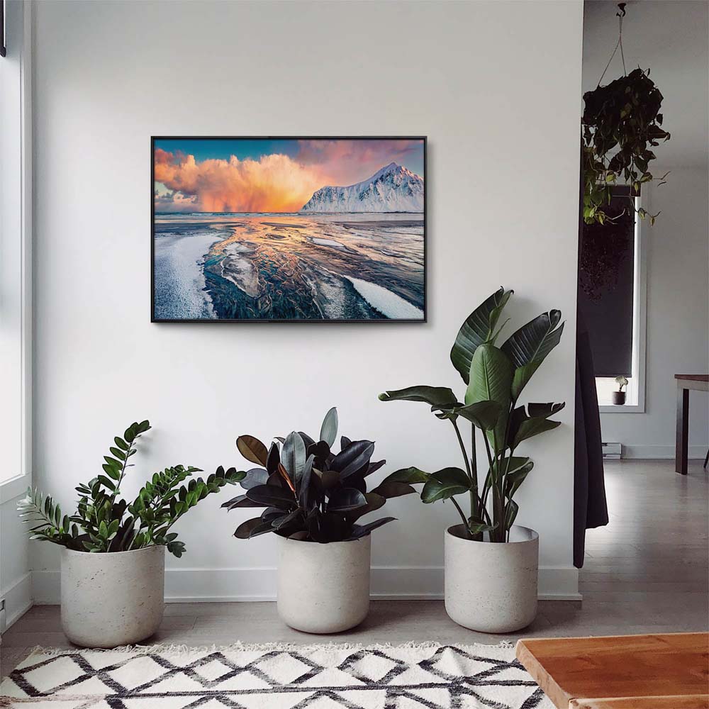 Berge & Meer Norwegen, Skagsanden beach im schwarzen Bilderrahmen, 120x60cm