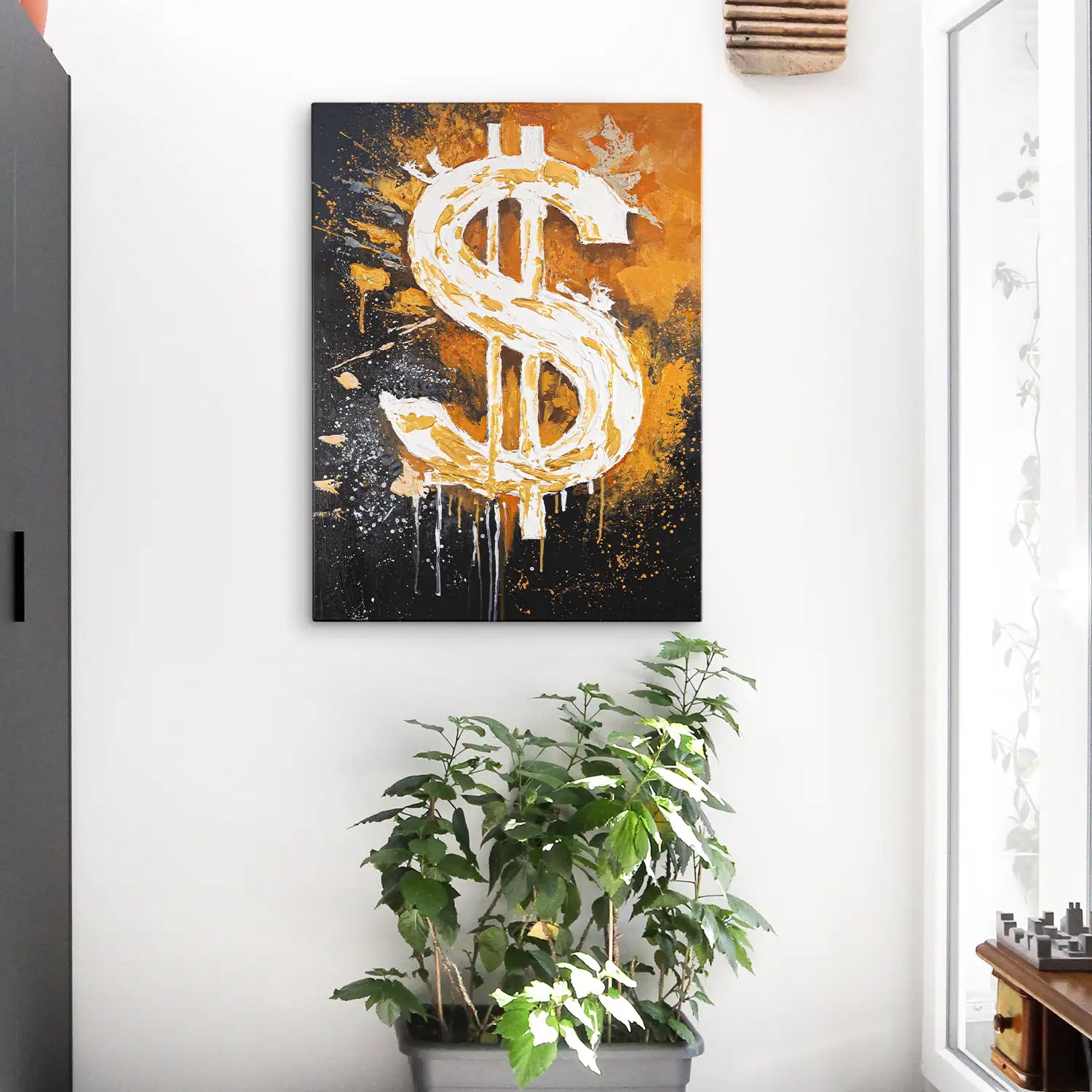 Gemälde 60x80 cm ohne Rahmen in Schwarz und Orange – ein abstraktes Spiel von Motivation und Erfolg, handgemalt mit Acryl und Strukturpaste – „Dollar“