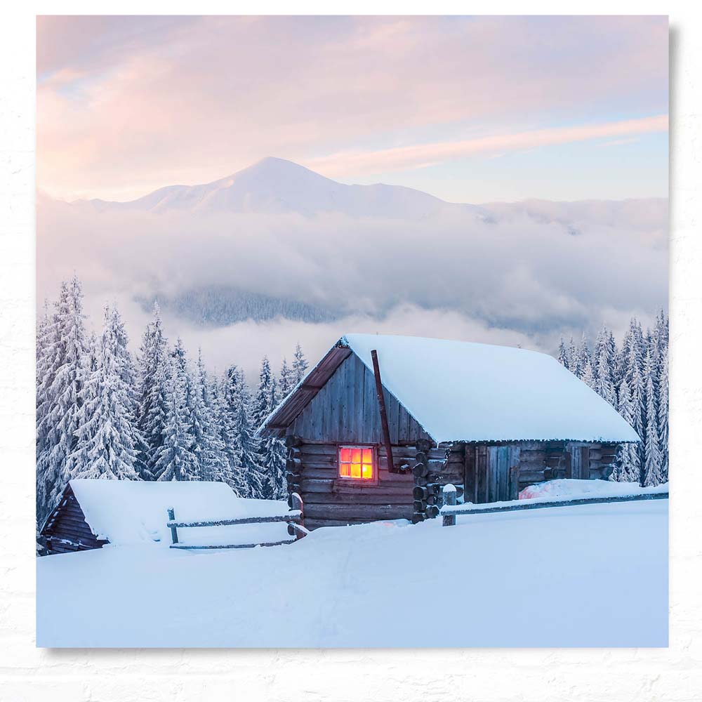 Poster 80x80cm groß, Berge & Gebirge Winterhütte