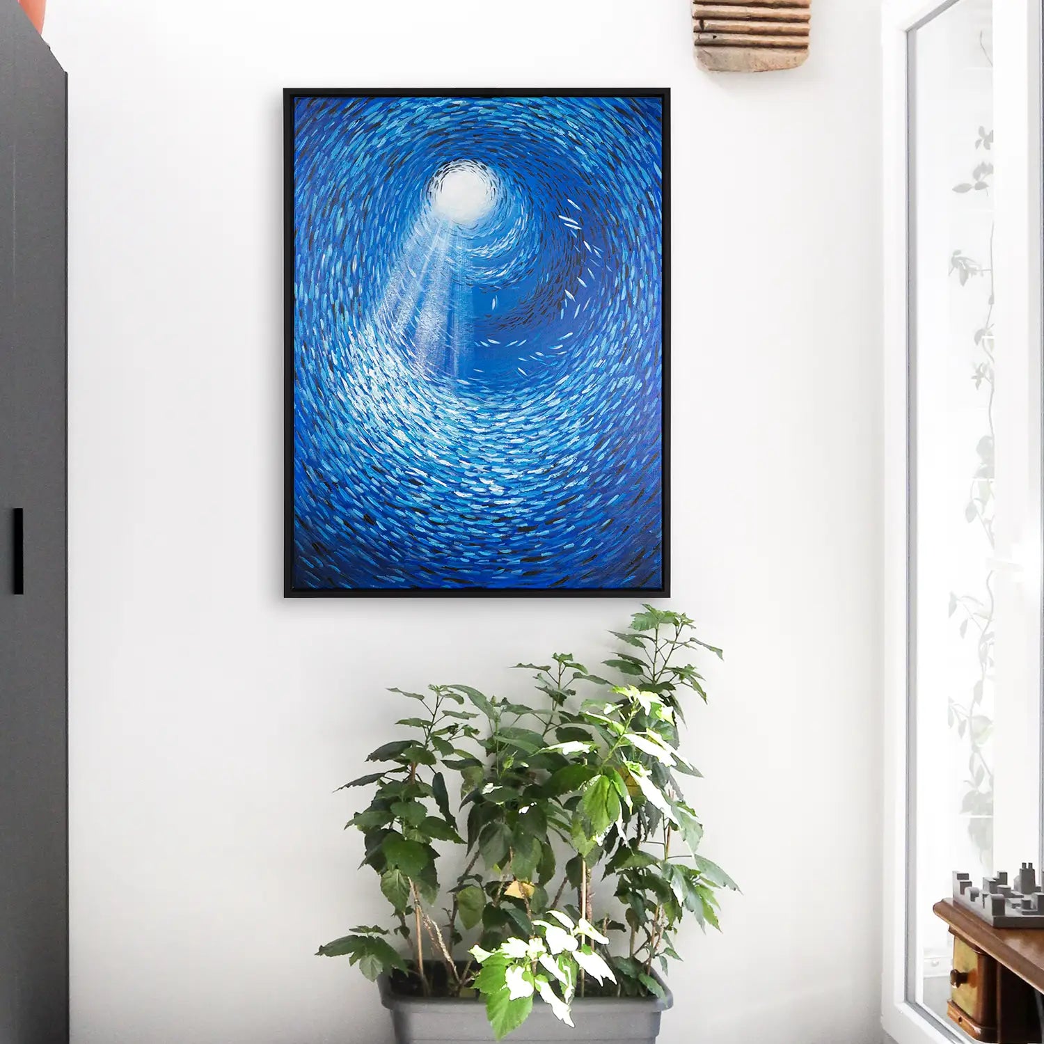 Leinwandbild 150x200 cm im Schattenfugenrahmen Schwarz, handgemalt mit Acrylfarbe, in Abstrakt und modern – mediterrane Wellen des Meeres „Tiefen der Stille“
