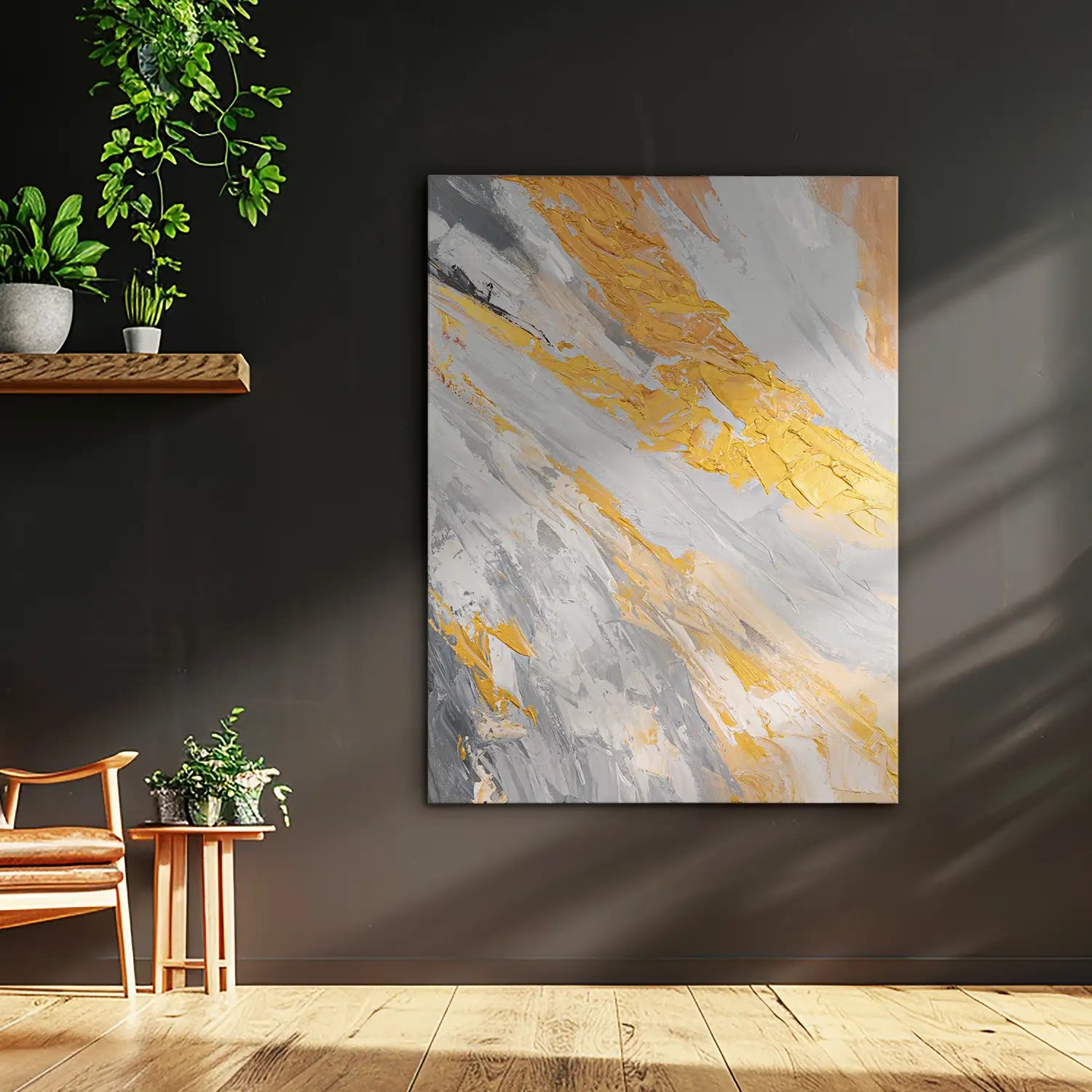 Leinwandbild handgemalt 60x80 cm ohne Rahmen, dynamische Explosion in sanften Weiß- und Grautönen mit goldenen Akzenten – „Atem der Erde“