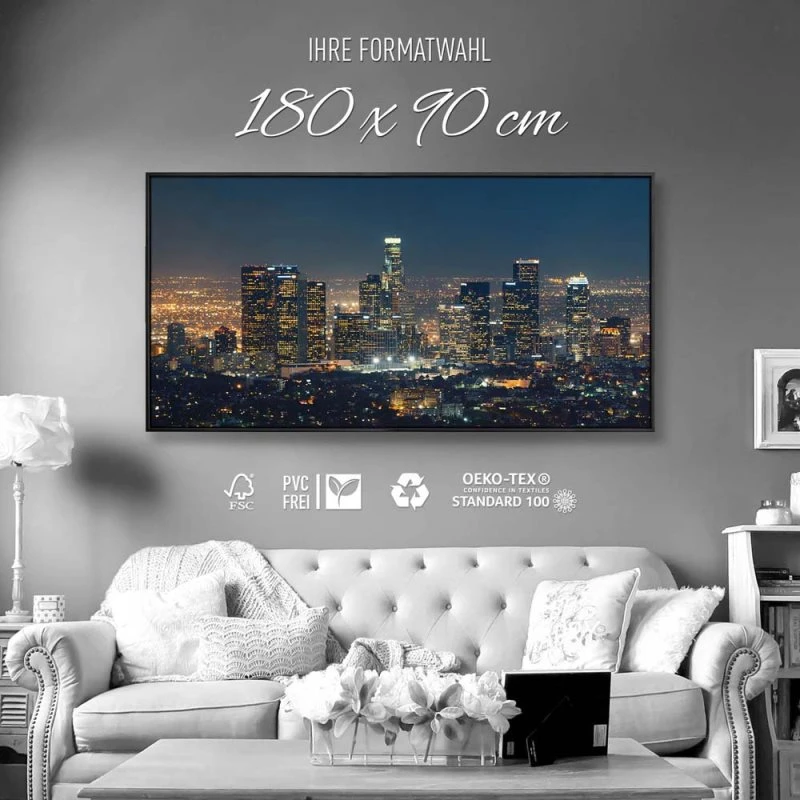 Skyline Los Angeles Nachts im schwarzen Bilderrahmen, 180x90cm