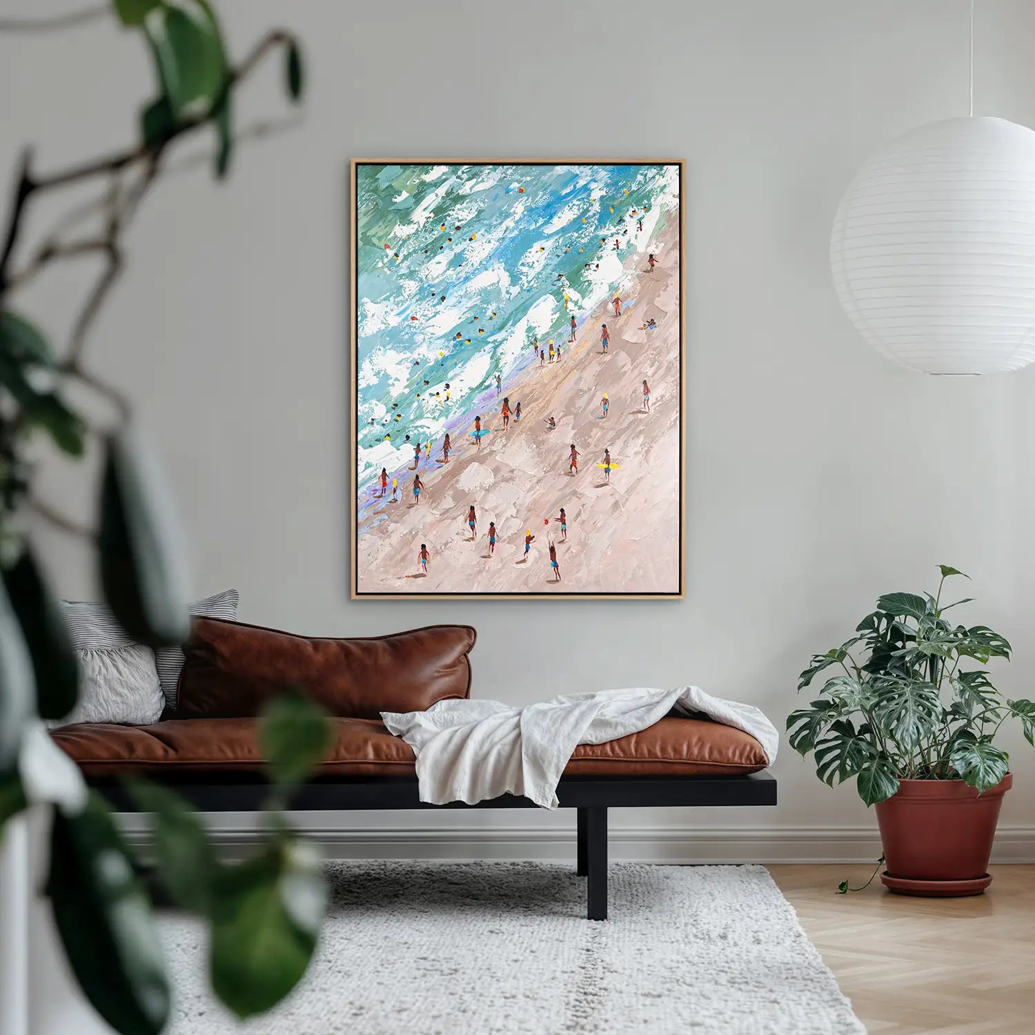 Leinwandbild 90x120 cm im Rahmen Eiche hell, handgemalt mit Acrylfarbe und Strukturpaste, in sanften Erdtönen und Meeres-Blau – „Rätsel der Existenz“ – Raetsel der Existenz