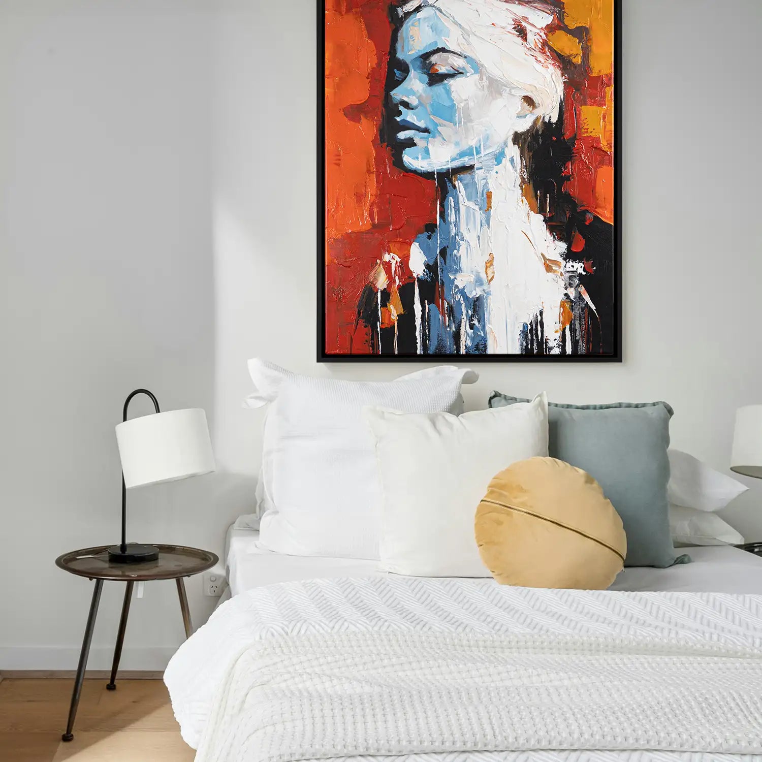 Handgemaltes Wandbild 75x100 cm im Schattenfugenrahmen Schwarz, kraftvolles abstraktes Frauenportrait in Rot, Weiß und Blau – „Atalante“