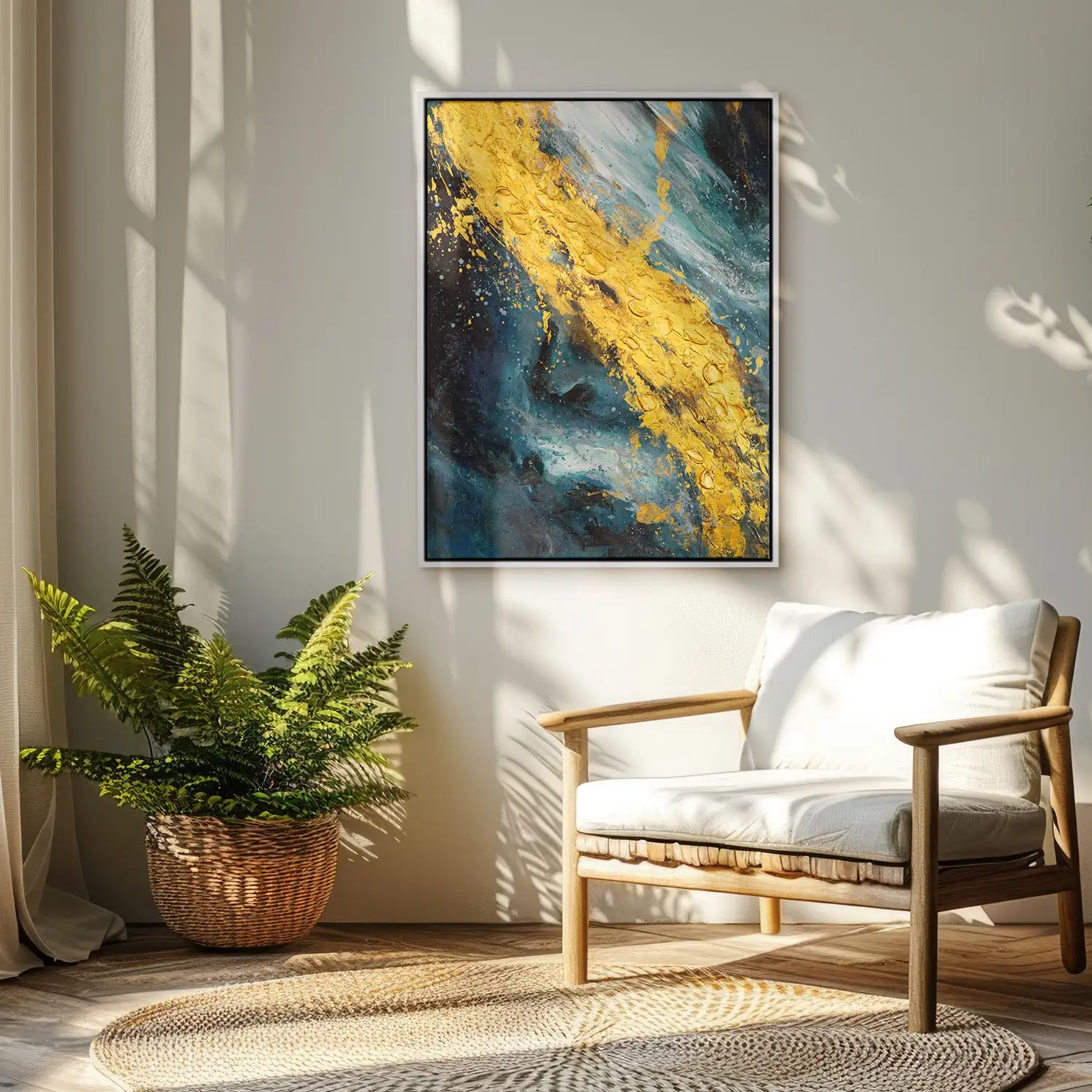 Leinwandbild handgemalt 60x80 cm im Schattenfugenrahmen Weiß, harmonische Explosion in Gold und Grünblau – „Der Raum dazwischen“