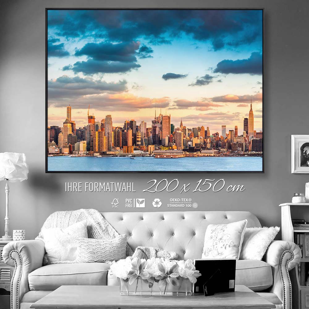 Skyline Panorama von New York im schwarzen Bilderrahmen, 200x150cm