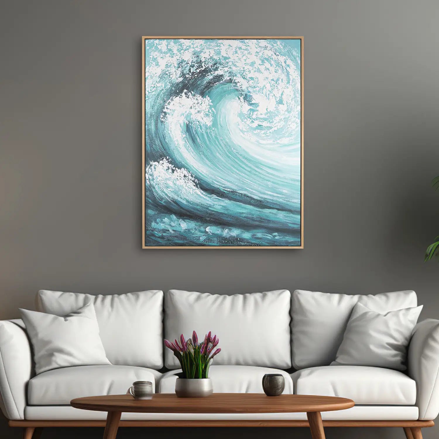 Wandbild echt handgemalt 150x200 cm im Rahmen Eiche hell, dynamische Explosion in Blau und Weiß – „Das unendliche Spiel“