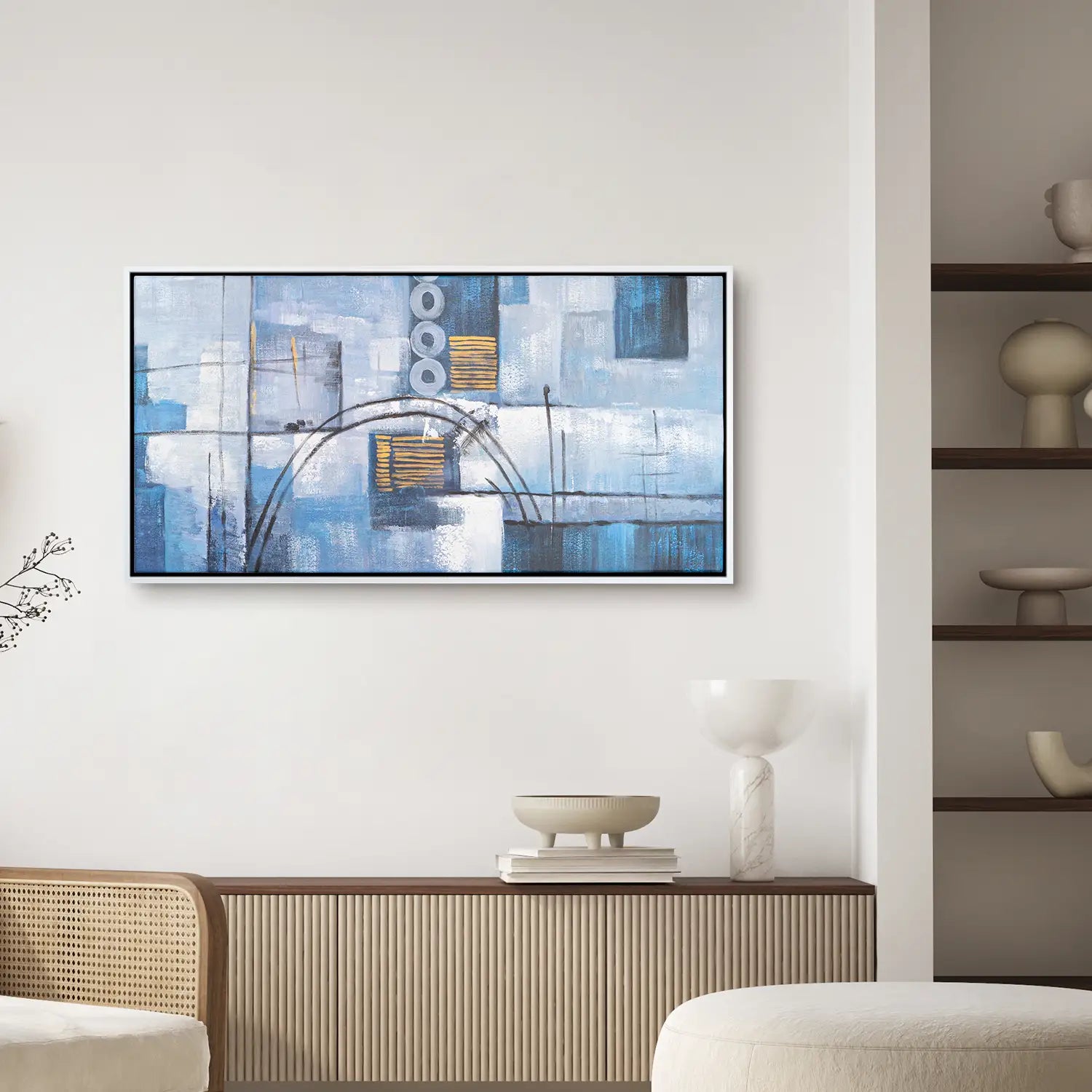 Gemälde 160x80 cm im Schattenfugenrahmen Weiß, abstrakte Strömungen in tiefem Blau – ein Dialog der Intuition und Empfindung – „Wege der Intuition“