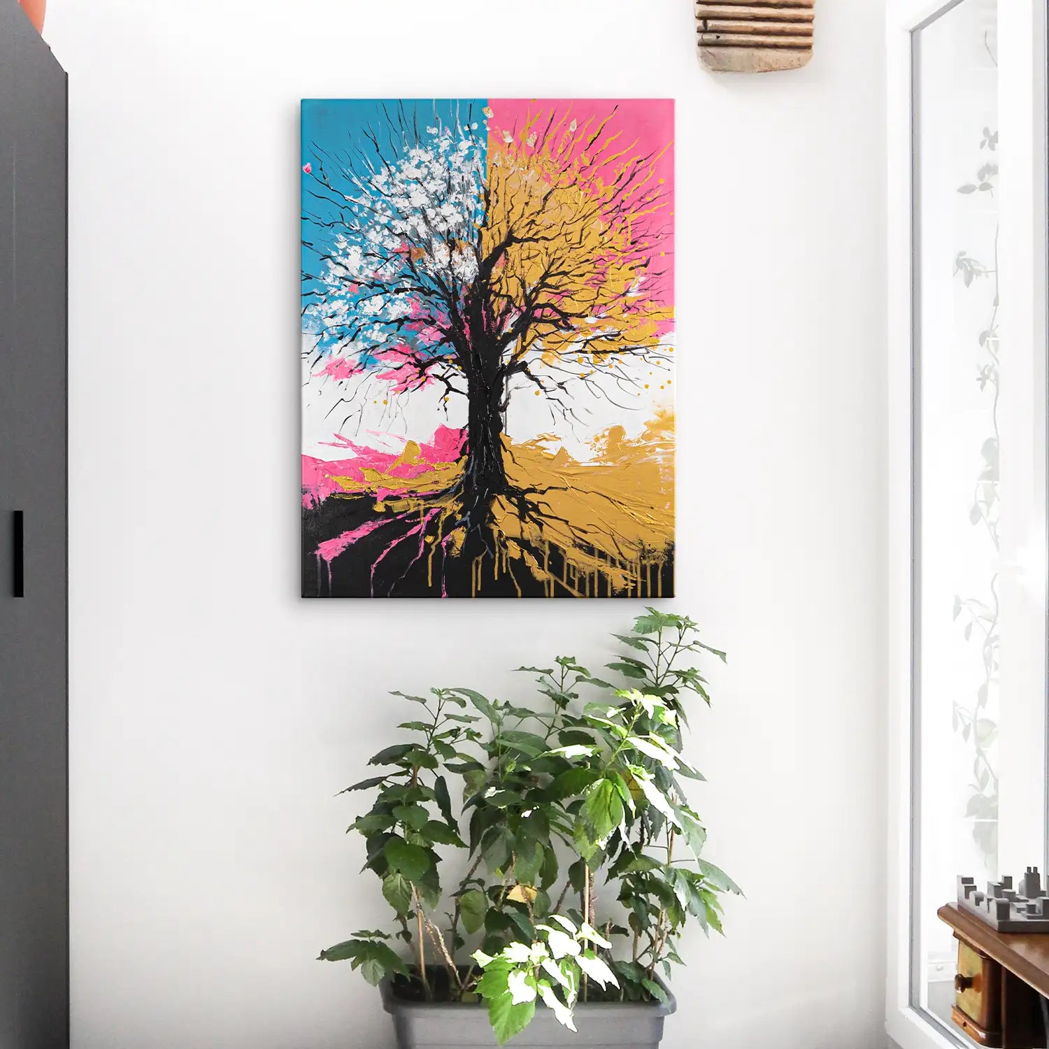 handgemaltes Gemälde 150x200 cm ohne Rahmen – ein majestätischer Baum in Petrol, Pink und Gold als Symbol für innere Stärke und Wandel – „Chromatischer Wipfel“