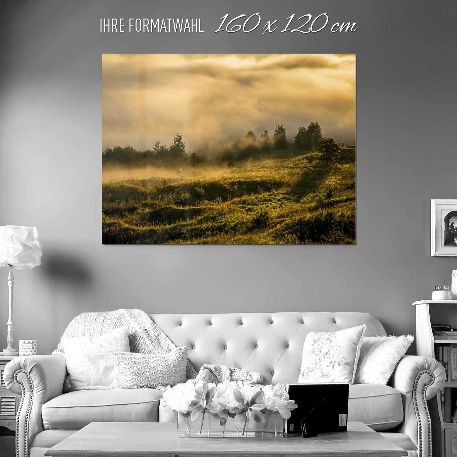 Wald Wiese Nebel am Morgen als Acrylglasverbund Bild 160x120cm