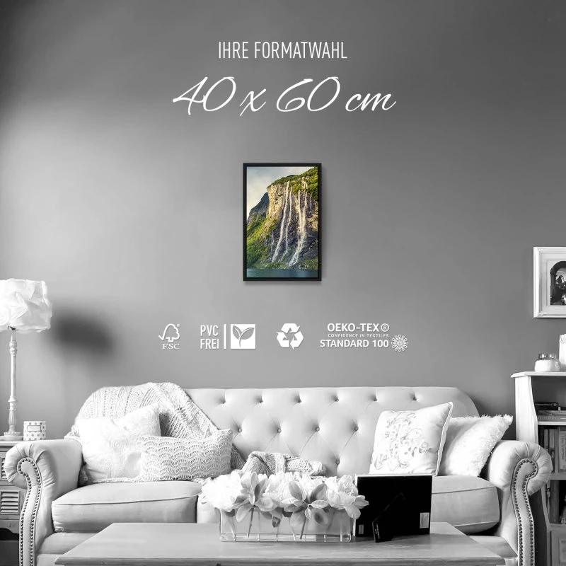 Wasserfall Seven Sisters im Hochformat 40x60cm mit schwarzen Bilderrahmen