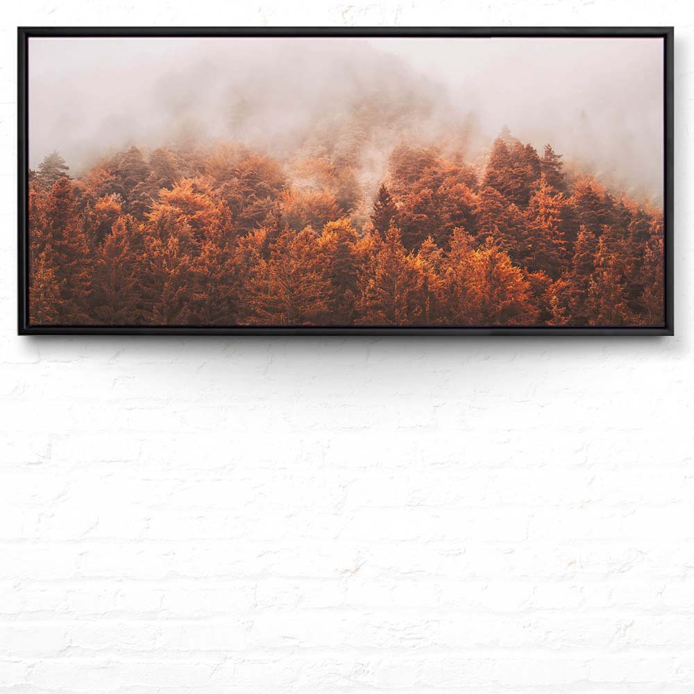 Wald & Bäume Herbst Nebelwald im schwarzen Bilderrahmen, 110x50cm