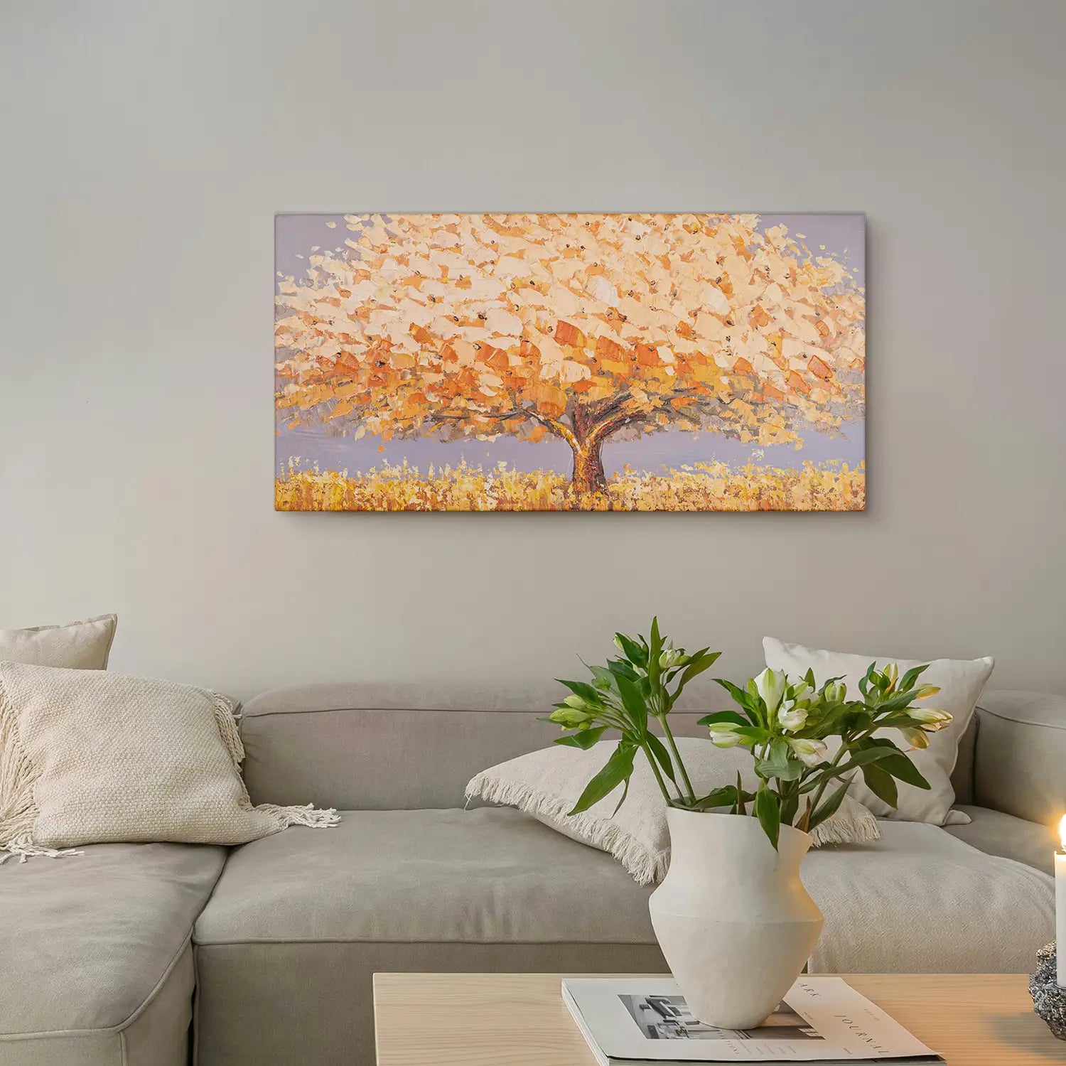 Wandbild 160x80 cm ohne Rahmen, handgemalt in leuchtendem Orange und sanftem Beige – ein abstrakter Baum, der die Dualität der Natur verkörpert – „Dualität der Natur“. – Dualitaet der Natur