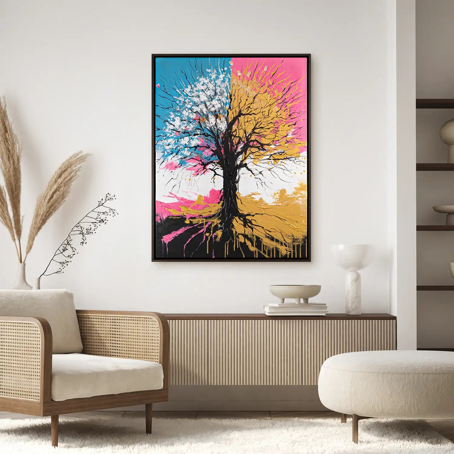 handgemaltes Gemälde 150x200 cm im Rahmen Eiche dunkel – majestätischer Baum in Petrol, Pink und Gold als Symbol für Stärke und Wandel – "Chromatischer Wipfel"