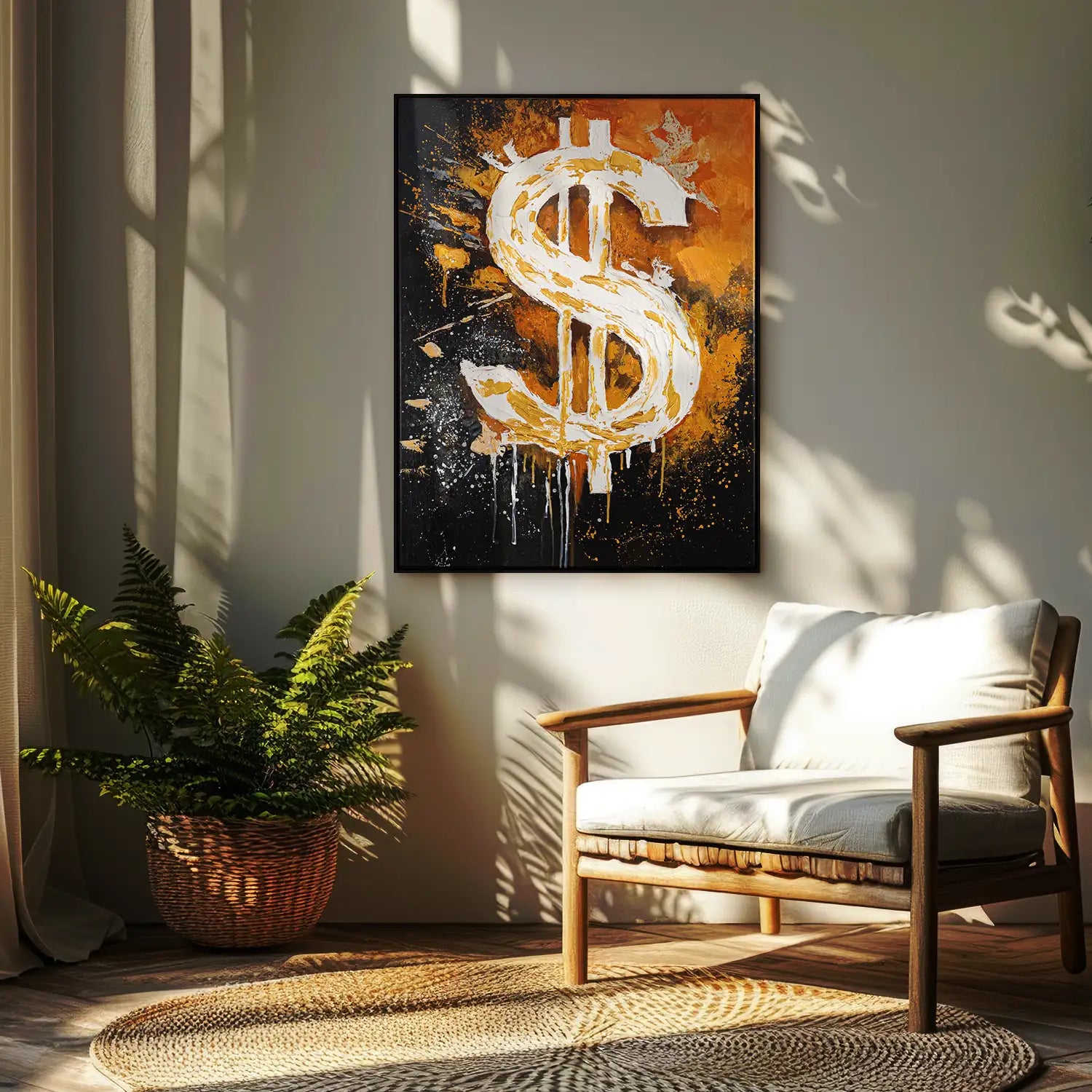 Gemälde 75x100 cm im Schattenfugenrahmen Schwarz in Orange und Schwarz – ein abstraktes Spiel von Motivation und Erfolg – „Dollar“