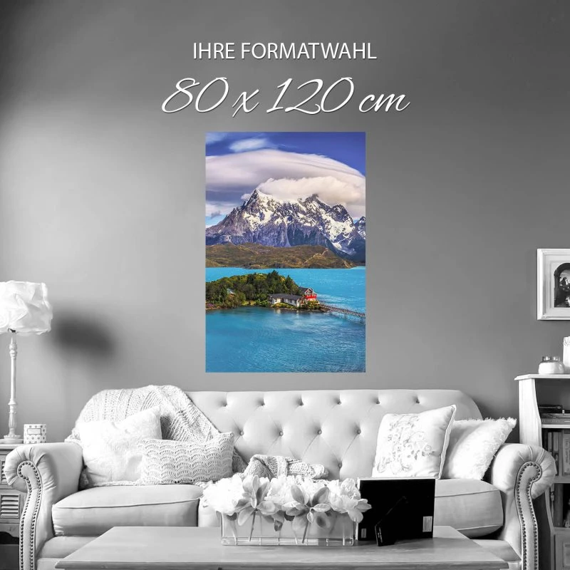 Poster 80x120cm Hochformat, Berge & Gebirge Lake Pehoe Patagonien