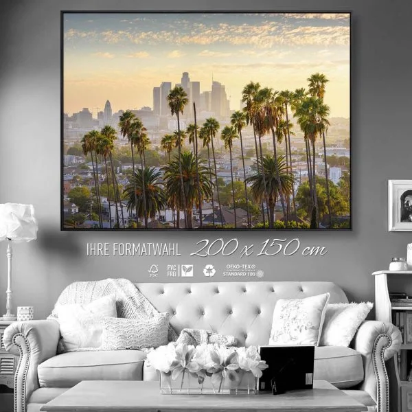 Skyline Los Angeles Palmen im schwarzen Bilderrahmen, 200x150cm