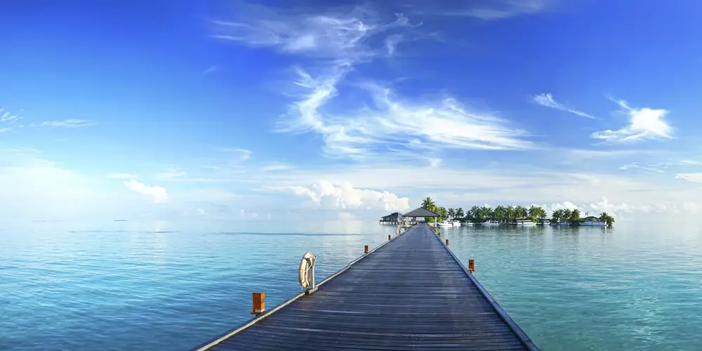 Strand & Meer Steg zur Insel im schwarzen Bilderrahmen, 120x60cm