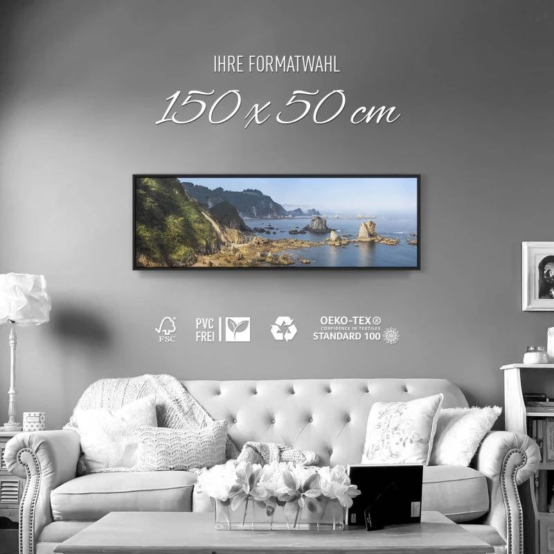 Strand & Meer Silence Beach im schwarzen Bilderrahmen, 150x50cm
